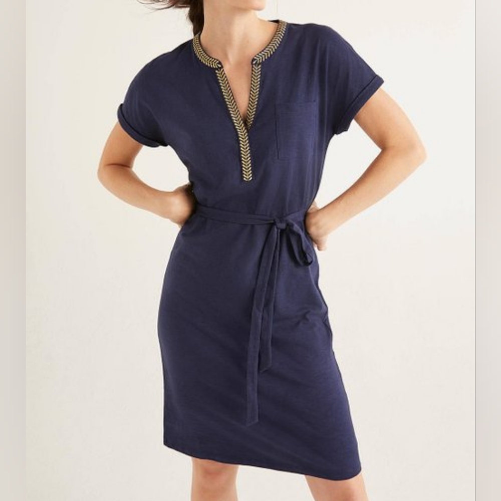 Boden Dora dress in navy with gold embroidery
